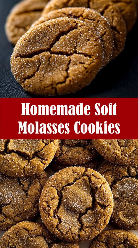 Homemade Soft Molasses Cookies are the ultimate holiday treat, with their signature crackly tops, super chewy centers, and perfectly spiced flavor. These cookies stay soft for days—if they even last that long—and are always a hit at gatherings. Seriously Soft Molasses Cookies, Molasses Cookies Soft Christmas, Frosted Molasses Cookies Soft, Hermit Cookies With Molasses, Soft Chewy Molasses Cookies, Molasses Sugar Cookies, Molasses Cookies Soft Easy Recipes, Best Molasses Cookies Ever, Semi Homemade Cookies