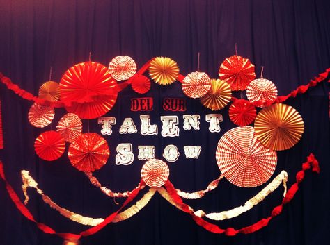 school talent show decorating ideas | used a couple red sheets i bought on sale at ikea for like 4$ and ... School Talent Show, Red Sheets, Decor Backdrop, Shower Pics, Valentines Decor, Stage Backdrop, School Event, Backdrop Design, School Events