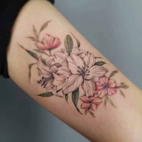 Lily Tattoo Design Color, Stargazer Tattoo, Shoulder Piece Tattoo, Stargazer Lily Tattoo, Tattoo Lily, Lily Tattoo Meaning, Tiger Lily Tattoos, Lily Tattoos, Lillies Tattoo