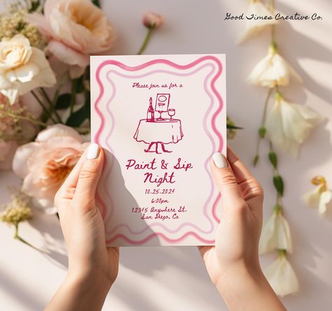 Girls Night Invitations, Paint Party Invite, Cocktail Party Invite, Girls Dinner, Minimal Font, Party Ladies, Dinner Invitations, Paint And Sip, Night Painting