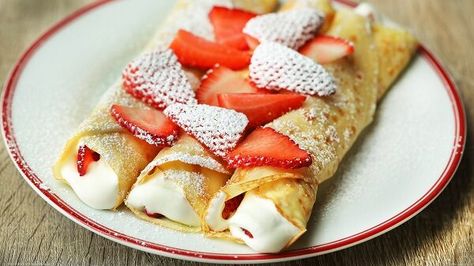 Easy Strawberries & Cream Crepes Recipe | GEICO Living Cream Crepes, Sweet Crepes Recipe, Strawberry Crepes, Crepes Recipe, Sweet Crepes, Crepe Recipes, Food Videos Desserts, Breakfast Dishes, Strawberries And Cream