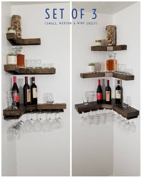 Corner Bar Cabinet With Wine Fridge, Corner Shelf For Bar, Corner Liquor Shelf, Kitchen Corner Bar Ideas, Home Bar Areas Small Spaces, Dining Room Corner Ideas Decor, Corner Bar Area, Little Bar Ideas Small Spaces, Bar Corner Ideas For Home