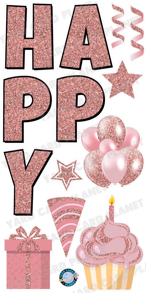 Happy Birthday Yard Signs are one of the most requested displays by customers. Do you set up a lot of Happy Birthday Yard Sign Displays? Do you ever feel like wanting to mix and match individual letters in different colors or patterns? Do you want matching Birthday flair for your displays? Then our Large 23.5" Glitter Rose Gold Happy Birthday Individual Letters in Luckiest Guy Font and Birthday Flair Set is just for you! You will receive 13 individual letters spelling out HAPPY BIRTHDAY as well Happy Birthday Yard Signs, Gold Happy Birthday, Glitter Rose Gold, Birthday Topper, Planet Signs, Birthday Yard Signs, Yard Cards, Happy Birthday Lettering, Birthday Clipart