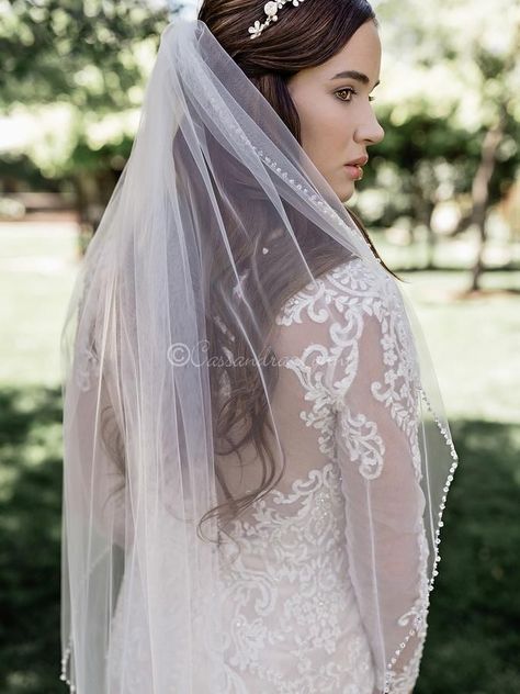 A simple and sparkly crystal veil with sequins and beads.It is fingertip length at 41 inches long and 72 inches wide. Fingertip Length Wedding Veil, Beaded Edge Veil, Cathedral Length Wedding Veil, Beaded Wedding Veils, Fingertip Wedding Veils, Veil Crystal, Beaded Veils, Veil Length, Fingertip Veil