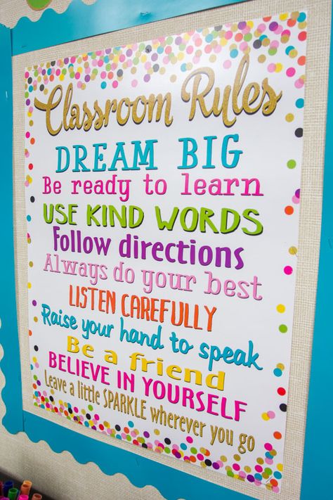 Classroom Rules Chart, Confetti Classroom, Classroom Rules Poster, Classroom Charts, Diy Classroom Decorations, School Board Decoration, Teacher Classroom Decorations, Classroom Quotes, Elementary Classroom Decor