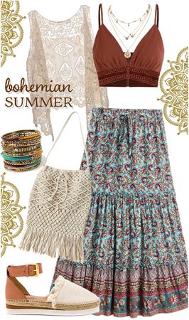 boho hippie Outfit | ShopLook Skirt Boho Outfit, Boho Layered Outfits, Hippy Style Outfits, Vacation Boho Print Hippie Skirt, Flowy Boho Print Hippie Skirt, Summer Vacation Hippie Skirt, Summer Hippie Fitted Skirt, Spring Hippie Boho Dress, Flowy Fit, Boho Outfit