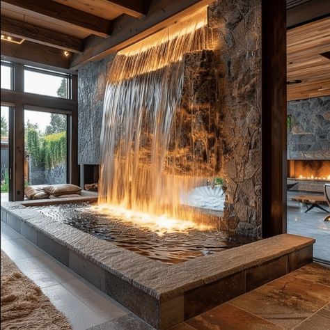 Interior Waterfall Design, Waterfall In Bedroom, Indoor Waterfall Living Rooms, Waterfall In House, Waterfall Fireplace, Interior Water Feature, Inside Waterfall, Bedroom Waterfall, Interior Waterfall