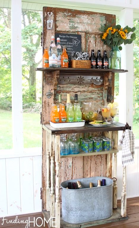 Vintage old door outdoor beverage station by Finding Home featured on http://www.funkyjunkinteriors.net/ Old Door Projects, Diy Outdoor Bar, Bar Station, Doors Repurposed, Drink Station, Bar Art, Old Door, Old Doors, Vintage Door