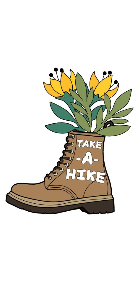 Take a Hike Sticker. It seems you have completely forgotten what hiking boots are for? Time to take a hike!. #Adventure #Flower #Hike #Boot Mountains Sticker, Sticker Design Inspiration, Unique Stickers, Nature Stickers, Procreate Ipad, Nintendo Art, Travel Stickers, Kerosene Lamp, Take A Hike