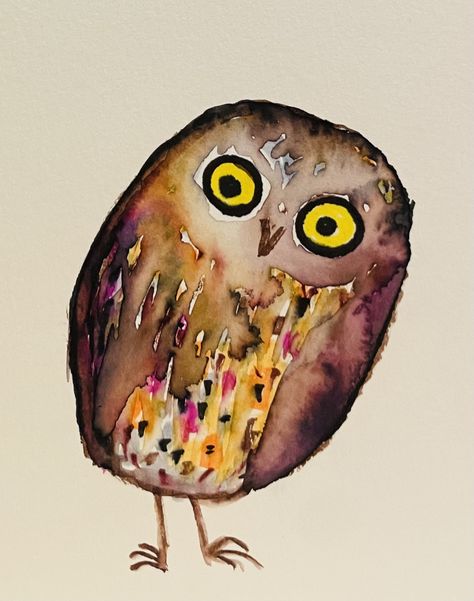 Small brown and orange watercolor owl with inquisitive yellow eyes Owl Watercolor Paintings Easy, Christmas Owl Painting, Owls Aesthetic, Owl Illustration Art, Watercolor Owls, Owl Yard Art, Painted Owl, Little Owls, Owl Watercolor