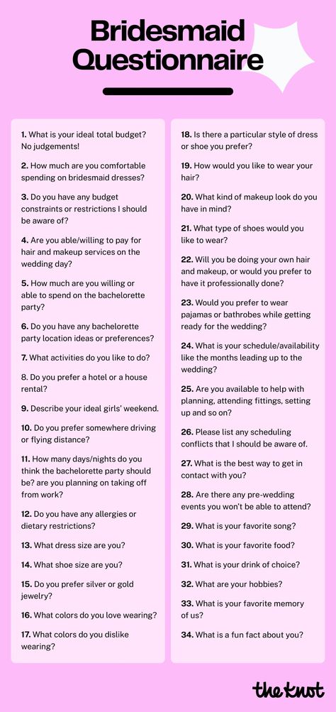 All the Questions to Ask Your Bridesmaids With a Printable List Bride Questionnaire, Bridesmaid List, Bridesmaid Questionnaire, Bridesmaid Question, Bridesmaids Duties, How To Ask Your Bridesmaids, List Of Questions To Ask, Moh Duties, Bridesmaid Duties