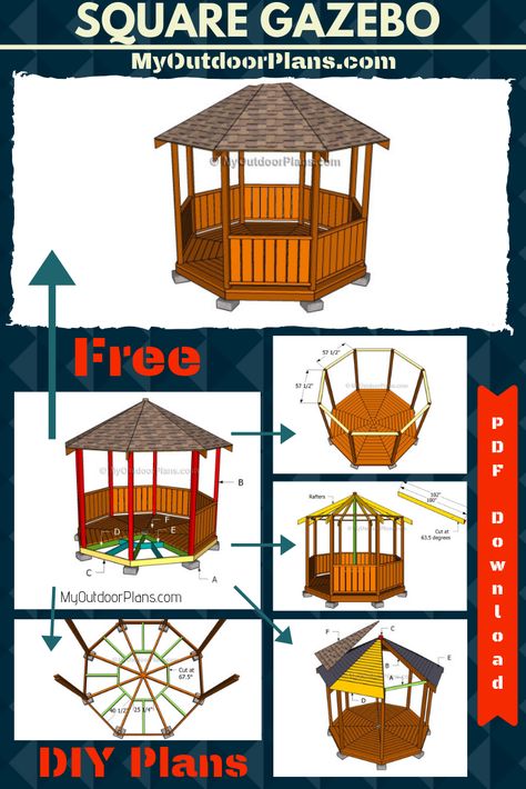 Easy to follow plans for you to build an octagonal gazebo. This gazebo features railings on the sides and a beautiful roof. PDF Download and Print Friendly. Cut / Shopping list included! #gazebo #diygazeb0 #gazeboplans Gazebo Building Plans, Gazebo Plans Diy Step By Step, How To Build A Gazebo, Free Gazebo Plans, Gazebo Plans Diy, Diy Gazebo Ideas Cheap, Easy Gazebo, Wooden Gazebo Plans, Octagonal Gazebo