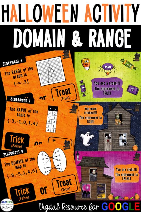 A digital Halloween math activity for domain and range! Students determine if the statement is a Trick (False) or a Treat (True). This activity is for Google Slides. Domain And Range, Halloween Math Activities, Error Analysis, Geometry High School, Algebra Activities, Math Quotes, Math Education, Halloween Math, Secondary Math