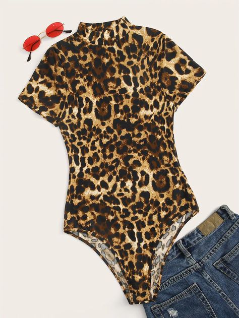 Plus Mock-neck Leopard Print Bodysuit | SHEIN Leopard Print Bodysuit, Leopard Bodysuit, Footed Leggings, Leopard Shorts, Cami Bodysuit, Ruffle Bodysuit, Warm Leggings, V Neck Bodysuit, Knit Bodysuit