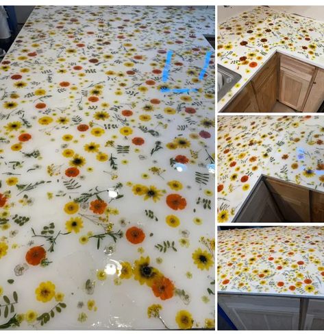 Floral Countertops, Epoxy Flower Countertop, Epoxy Resin Kitchen Countertops, Flower Countertops, Epoxy Resin Countertop, Static Caravan, Caravan Ideas, Resin Countertops, Epoxy Countertop