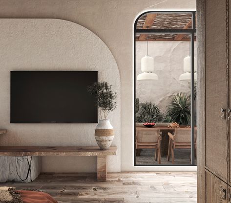 Wabi Sabi Bedroom on Behance Wabi Sabi Outdoor Patio, Tv Unit Wabi Sabi Style, Tv Wall Design Wabi Sabi, Wabi Sabi Tv Stand, Wabi Sabi Tv Room, Wabi Sabi Living Room Tv, Wabi Sabi Tv Unit, Wabi Sabi Tv Wall, Wabi Sabi Exterior