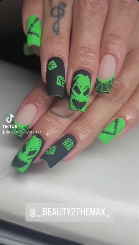 Goth Halloween Acrylic Nails, Halloween Nail Designs Nightmare Before Christmas, Black And Lime Green Nails Acrylic, Ogie Bogie Nails, Oggie Boogie Nail Designs, Oogey Boogey Nails, Frankenstein Nails Acrylic, Oogie Boogie Nails Short, Oggie Boogie Nails