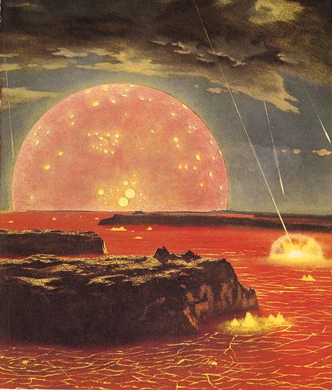 Chesley Bonestell, the Moon as seen from Earth during The Late Heavy Bombardment. Art Haus, Red Planet, Science Fiction Art, Prehistoric Animals, Science Fiction Fantasy, Retro Futurism, Space Exploration, Sci Fi Art, Space Art