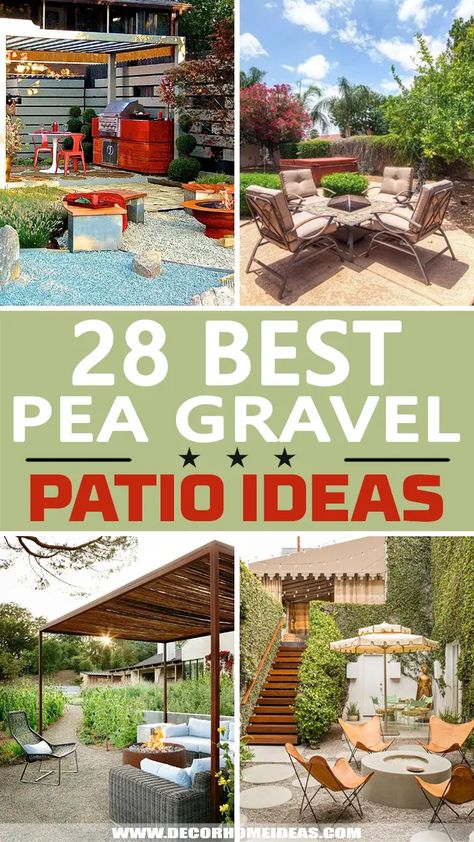 Fine Gravel Patio, Pea Gravel Over Concrete Patio, Gravel Patio With Pergola, Landscape With Gravel Backyard Ideas, Backyard Landscaping With Pea Gravel, Outside Patios Covered, Deck And Pea Gravel Patio Combo, Gravel And Slate Patio, Pea Gravel Gazebo