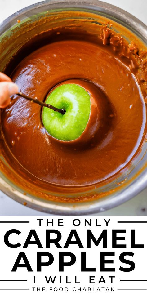 The Only Caramel Apple I Will Eat from The Food Charlatan. I am a Caramel Apple snob! But all that changed recently when I discovered the secret to the BEST homemade caramel sauce. These caramel apples are easy to dip, a dream to bite through, with the most FUDGY caramel texture. It holds it's shape perfectly on the apple, and does not slide off. It is such a fun project for the fall! I will show you how to make this recipe for Halloween, Thanksgiving, or for gifting to neighbors! Caramel Sauce With Corn Syrup, Caramel Apple Recipes Homemade, Caramel Apple Craft, Thick Caramel Sauce, Caramel Apple Recipes, Caramel Apple Sauce, Caramel Apple Recipe, Caramel Apple Dip Recipe, Apple Dip Recipe