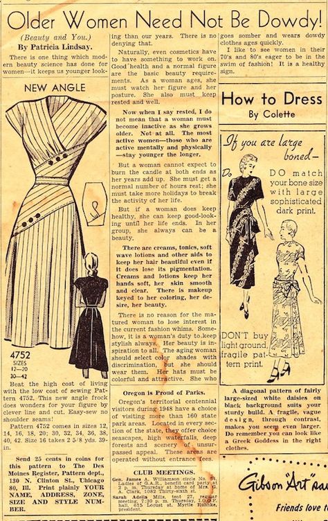 Older women need not be dowdy!   1948 newspaper fashion column Old Fashion Newspaper, 1940s Newspaper, 1948 Fashion, Fashion Newspaper, Food Rations, Newspaper Fashion, Fashion Portfolio Layout, Beauty Science, Old Magazine