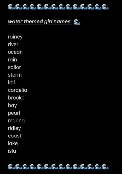 water themed girls names! 🌊 Marina Name Meaning, Ocean Themed Dog Names, Water Last Names, Ocean Last Names, Water Names Ideas, Male Names That Mean Water, Beach Names Ideas, Water Names Girl, Ocean Themed Names