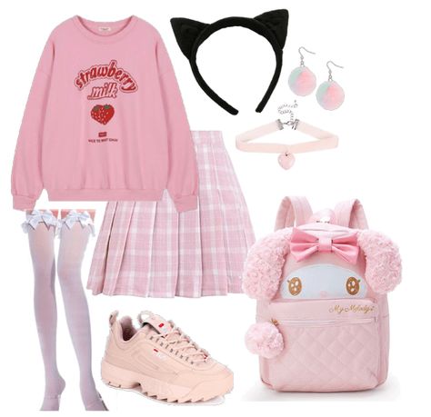 Kawaii Strawberry Milk Outfit | ShopLook Cutecore Outfit Png, Cutecore Clothes Png, Strawberry Milk Outfit, Milk Outfit, Gamer Girl Outfit, Clothes Essentials, Sanrio Outfits, Sanrio Clothes, Strawberry Outfit