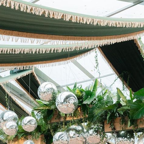 Disco Ball And Greenery, Tropical Disco Party, Tropical Disco Wedding Theme, Jungle Disco Wedding Decor, Disco Ball Tropical Wedding, Wedding Tent Disco Ball, Tropical Disco Wedding, Tropical Disco, Tent Event