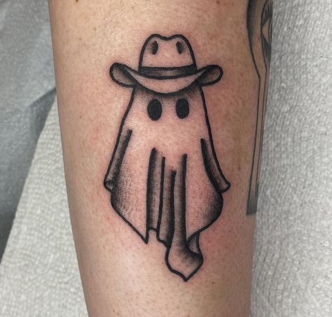 Custom elbow rose above a healed cowboy ghost! >>Swipe to see that cowboy ghost freshly done 👻 thanks for looking Spooky Western Tattoo, Animals With Cowboy Hats Tattoo, Ghost With Cowboy Hat Tattoo, Ghost Cowboy Tattoo, Cowboy Ghost Tattoo, Space Cowboy Tattoo, Traditional Ghost Tattoo, Ghost Drawings, Cowboy Hat Tattoo