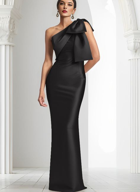 Sheath/Column One-Shoulder Satin Mother Of The Bride Dresses With Bow(s) Black Tie Dress Wedding, Dresses With Bow, Banquet Dress, Bridesmaid Duties, Black Tie Party, Banquet Dresses, One Clothing, Glam Dresses, Bride Dresses