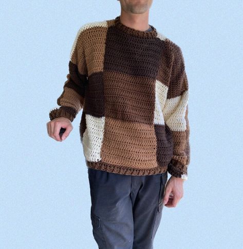 Crochet Sweater Square, Crochet Sweater Pattern Free Men, Crochet Sweaters For Men, Men’s Crochet Sweater Ideas, Crochet Checkered Sweater, Crochet Sweater For Men, Crochet Sweater Men, Mens Crochet Sweater, Patchwork Sweater Crochet