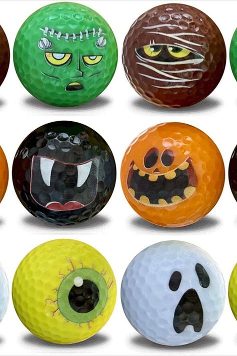 Halloween Golf, Golf Halloween, Golf Event, Golf Balls, Golf Ball, Soccer Ball, Rock Art, Art Projects, Golf