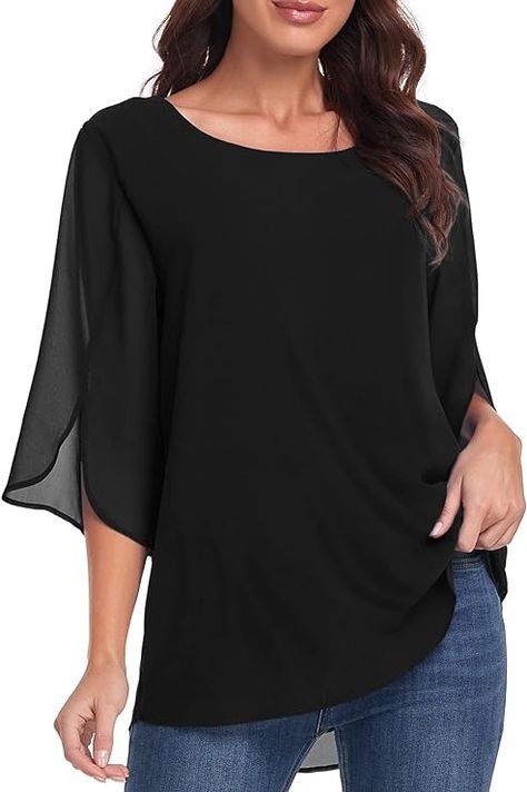 CHICGAL Womens Ruffle 3/4 Sleeve Tops Loose Casual Shirts Chiffon Blouses Tunic(01 Solid Black,M) at Amazon Women’s Clothing store Summer Chiffon Blouse, Feeling Well, Womens Tops Dressy, Split Sleeve, Chic Shirts, Women Blouse, Blouse Material, Chiffon Shirt, Tunic Shirt