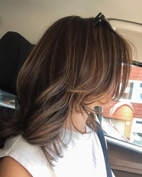 Highlights On Brown Hair, Rambut Brunette, Short Hair Highlights, Brown Hair Inspo, Brunette Hair With Highlights, Short Brown Hair, Dark Hair With Highlights, Brown Hair With Blonde Highlights, Brown Hair Balayage