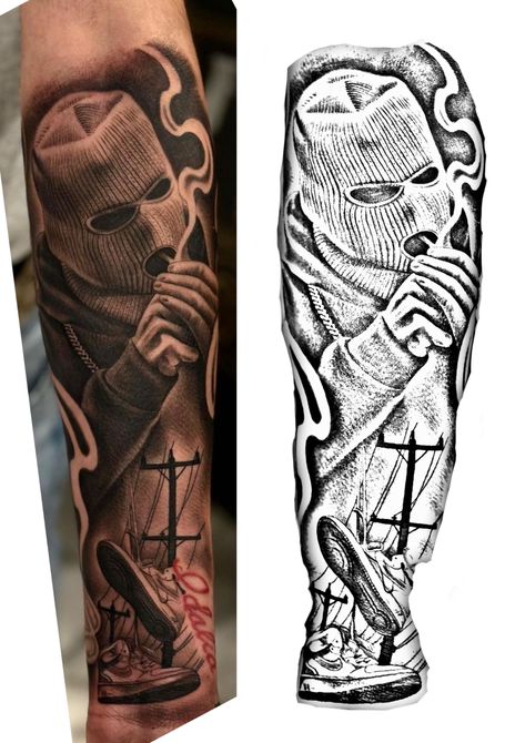 Collage Tattoo Sleeve Men, Money Man Tattoo, Doughboy Tattoo Design, Black Work Tattoo Men, Prison Tattoo Ideas For Men, Thug Tattoos For Men, Gang Tattoo Design, Chicano Tattoos Sleeve For Men, Hard Tattoo Designs