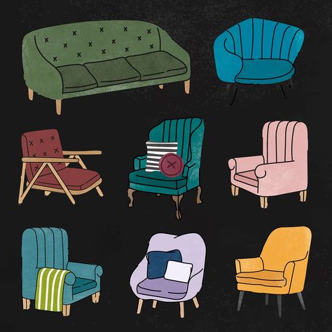 Chair & sofa stickers, furniture illustrations set vector | premium image by rawpixel.com / Aum Furniture Illustration, Chair Mid Century, Whimsical Art Journal, Interior Design Drawings, Paper Doll House, Chair Sofa, Drawing Skills, Mid Century Modern Furniture, Whimsical Art