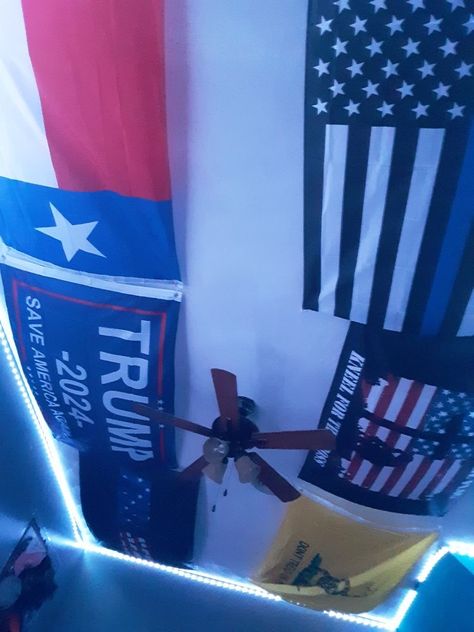 Country Room With Flags, Room Ideas With Flags, American Flag In Bedroom, Cool Flags For Room, Flags On Ceiling Bedroom, American Flag Bedroom Ideas, Flag Room Ideas, Flag On Ceiling, Flags On Ceiling