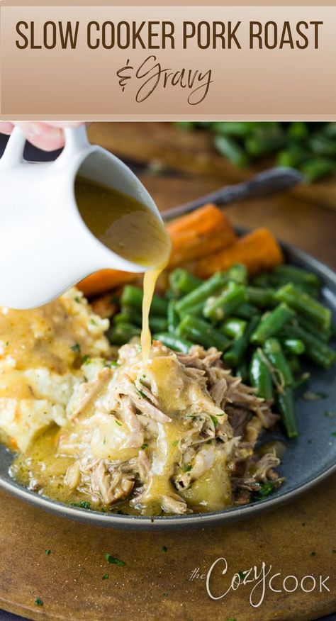 Gravy being poured of pork roast with a side of vegetables Pork Roast And Gravy, Pork And Gravy, Pork Roast With Gravy, Roast And Gravy, Crock Pot Pork Roast, Roast With Gravy, Pork Roast Recipe, Crockpot Pork Roast, Slow Cooker Pork Roast