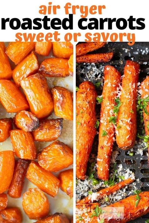 Air Fryer Roasted Carrots made two different ways. Whether you like sweet or savory carrots, this recipe has you covered. Make them in the air fryer in less time than a traditional oven. #airfryervegetables #airfryerrecipes Air Fryer Roasted Carrots, Air Fryer Carrots, Air Fryer Recipes Vegetarian, Air Fried Food, Air Fryer Oven Recipes, Air Fry Recipes, Air Fryer Dinner Recipes, Air Fryer Healthy, Air Fryer Recipes Easy