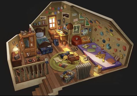 Feng Zhu Design, Interior Concept Art, Feng Zhu, Bedroom Drawing, Attic Room, Casas The Sims 4, Isometric Art, Sims House Design, Isometric Illustration