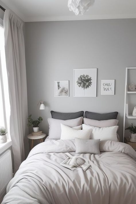 #homedecor, #interiordesign, #homedesign, #decor inspiration Cute Gray Bedroom Ideas, Soft Grey Bedroom Aesthetic, Gray Bedroom White Furniture, Room Inspo White And Grey, Grey Small Bedroom Ideas, Grey And White Bedroom Ideas Cozy, Room Paint Colors Bedroom, Light Grey Bedroom, White And Grey Bedroom