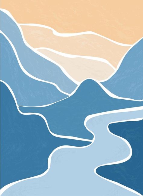 Mountain River. Abstract landscape, minimalism. Trending earth colors. Save and preserve the nature. Concept of travel, leisure and tourism Mountain Abstract Art, River Graphic Design, Earth Illustration Design, River Graphic, Minimalist Landscape Art, River Abstract, River Illustration, Earth Pattern, Abstract Scenery