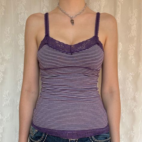 Y2K 2000s Purple & White Striped Dainty Lace Trim Vampire Girlfriend Cami #2k #2000s #2000sfashion #у2kfashion #dainty #twilight 2000s Cami Tops, Purple 2000s Outfit, Dr Girlfriend, White Lace Outfit, Vampire Girlfriend, Tvd Dr, Drippy Fits, Cami Outfit, Money Clothes