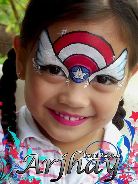 Captain america face paint Captain America Face Paint, Superhero Face Painting, Cool Face Paint, Lila Party, Face Painting For Boys, Girl Face Painting, Face Painting Easy, Kids Face Paint, Cool Face