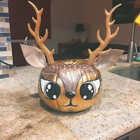 Some of us can't do "normal" pumpkins 🎃 #pumpkin #deer #deerpumpkin Deer Pumpkin, Creative Pumpkin Painting, Creative Pumpkin Decorating, Character Pumpkins, Christmas Pumpkins, Pumpkin Decorating Contest, No Carve Pumpkin Decorating, Mascaras Halloween, Dog Pumpkin