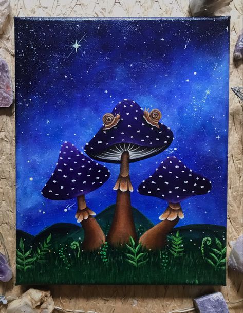 Big Mushroom Painting, Snail Painting Acrylic, Shroom Painting, Acrylic Mushroom Painting, Mushroom Painting Ideas, Mystical Paintings, Watercolor Negative Painting, Canvas Drawing, Indie Art