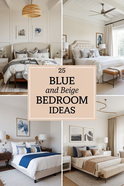 Blue and beige create a serene and sophisticated color palette for bedrooms. These calming hues can transform your sleeping space into a tranquil retreat. Explore 25 dreamy blue and beige bedroom ideas, from soft blues to rich beige tones, perfect for creating a relaxing and stylish haven. Blue Grey And Beige Bedroom, Blue And Cream Bedroom Aesthetic, Beige And Pastel Bedroom, Blue Gray Beige Color Palette, Navy And Beige Bedroom Ideas, Neutral Bedroom Blue Accents, Blue Beige Bedroom Ideas, Bedroom With Blue Carpet, Light Blue Comforter Bedroom Ideas