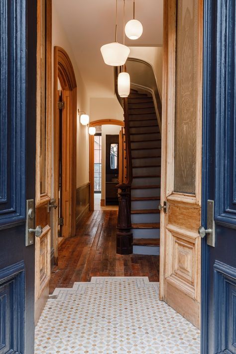 Brownstone Interiors, Nyc Brownstone, Adrian Grenier, Brownstone Homes, New York Brownstone, Wooden Staircase, Townhouse Interior, Brooklyn Brownstone, Victorian Townhouse