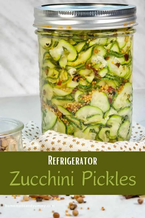 Refrigerator Pickled Zucchini Recipe is quick and easy. Even a novice chef will make delicious zucchini pickles in no time. #homemadeandyummy #pickledzucchini #zucchinipickles #refrigeratorpickles | homemadeandyummy.com Easy Pickle Recipe, Pickled Zucchini, Bun Recipes, Easy Pickling Recipes, Easy Pickle, Zucchini Pickles, Novice Chef, Zucchini Ribbons, Zucchini Recipe