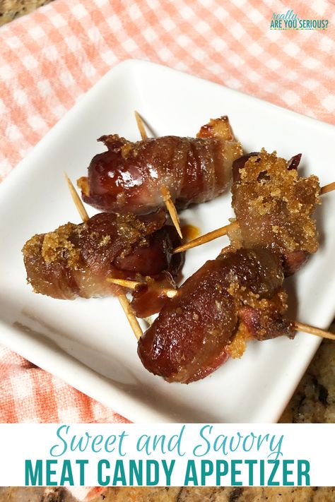 sweet and savory sausage appetizer aka meat candy appetizer Toothpick Appetizers, Sausage Appetizers, Meat Candy, Brown Sugar Bacon, Bacon Sausage, Candied Bacon, Savory Appetizer, Are You Serious, Super Bowl Food